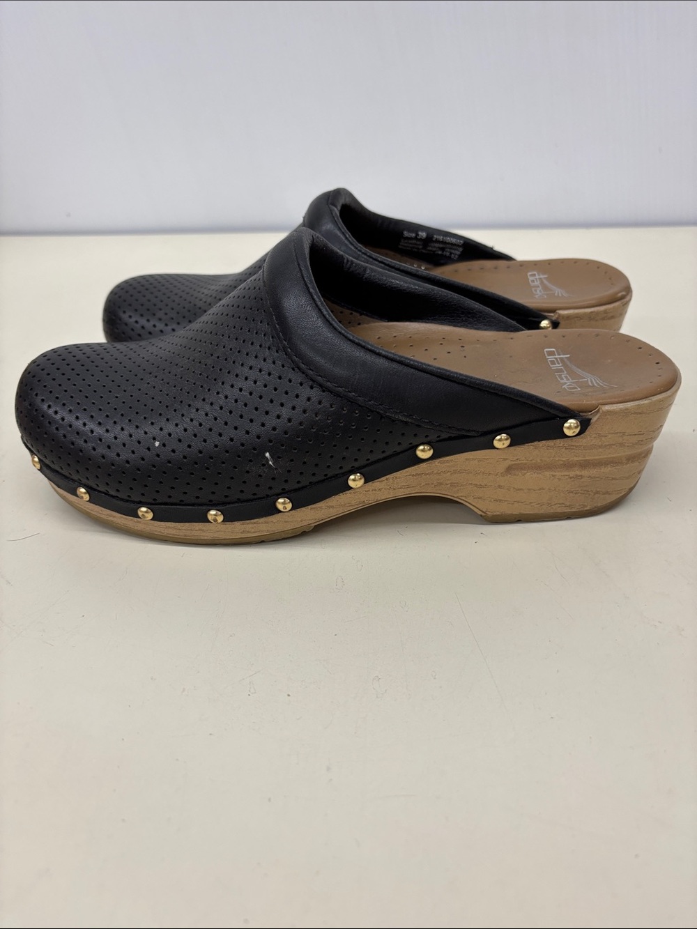 Dansko Black Perforated Leather Clogs with Gold Studs - Picture 7 of 8